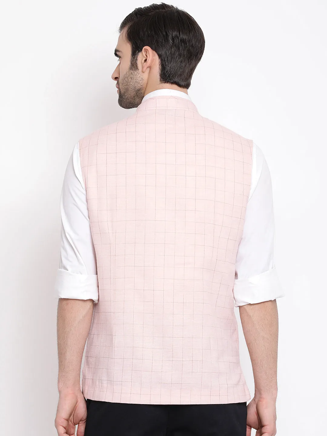 Jashvi Men's Pink Checkered Classic Linen Nehru Jacket