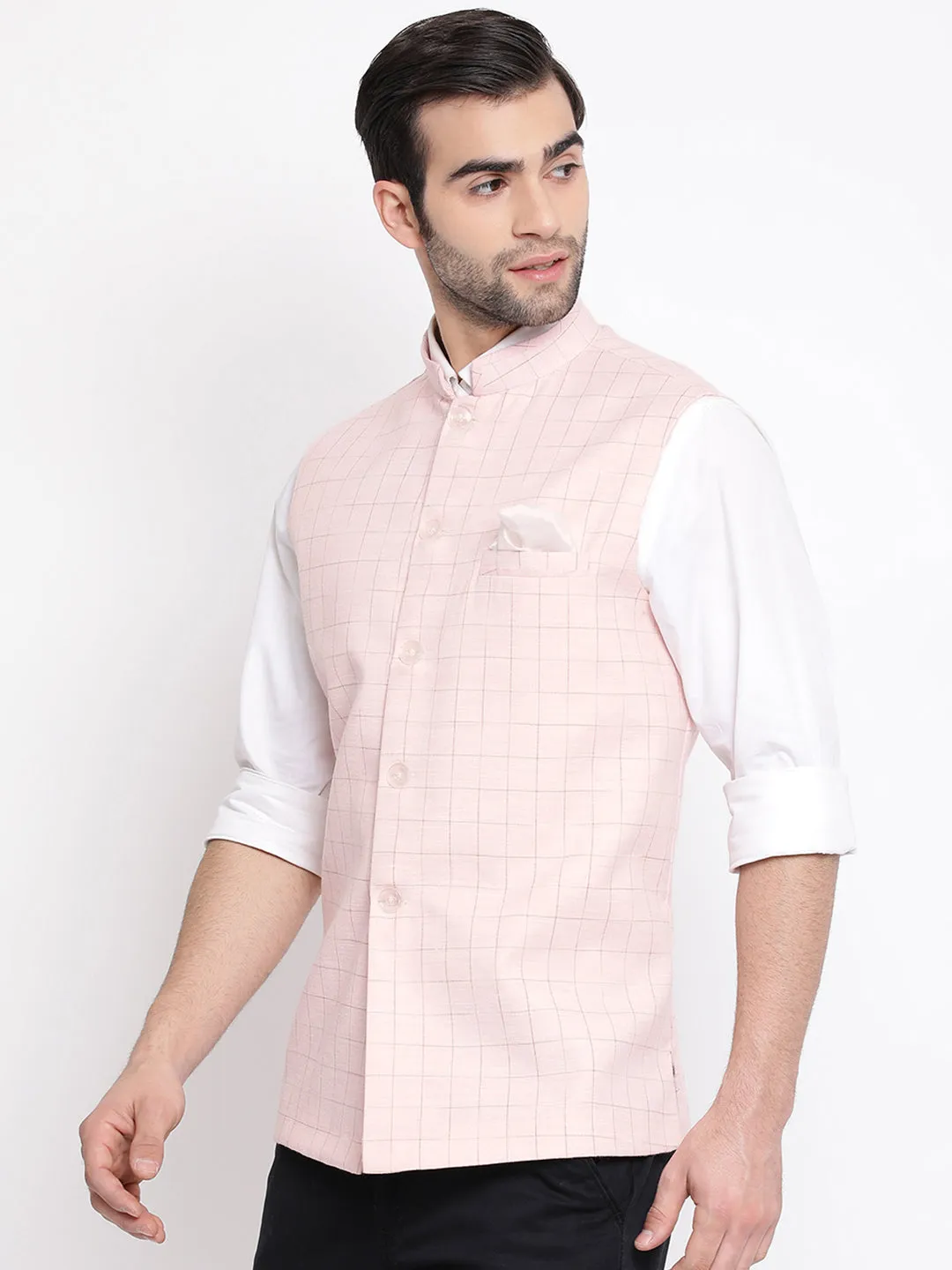 Jashvi Men's Pink Checkered Classic Linen Nehru Jacket