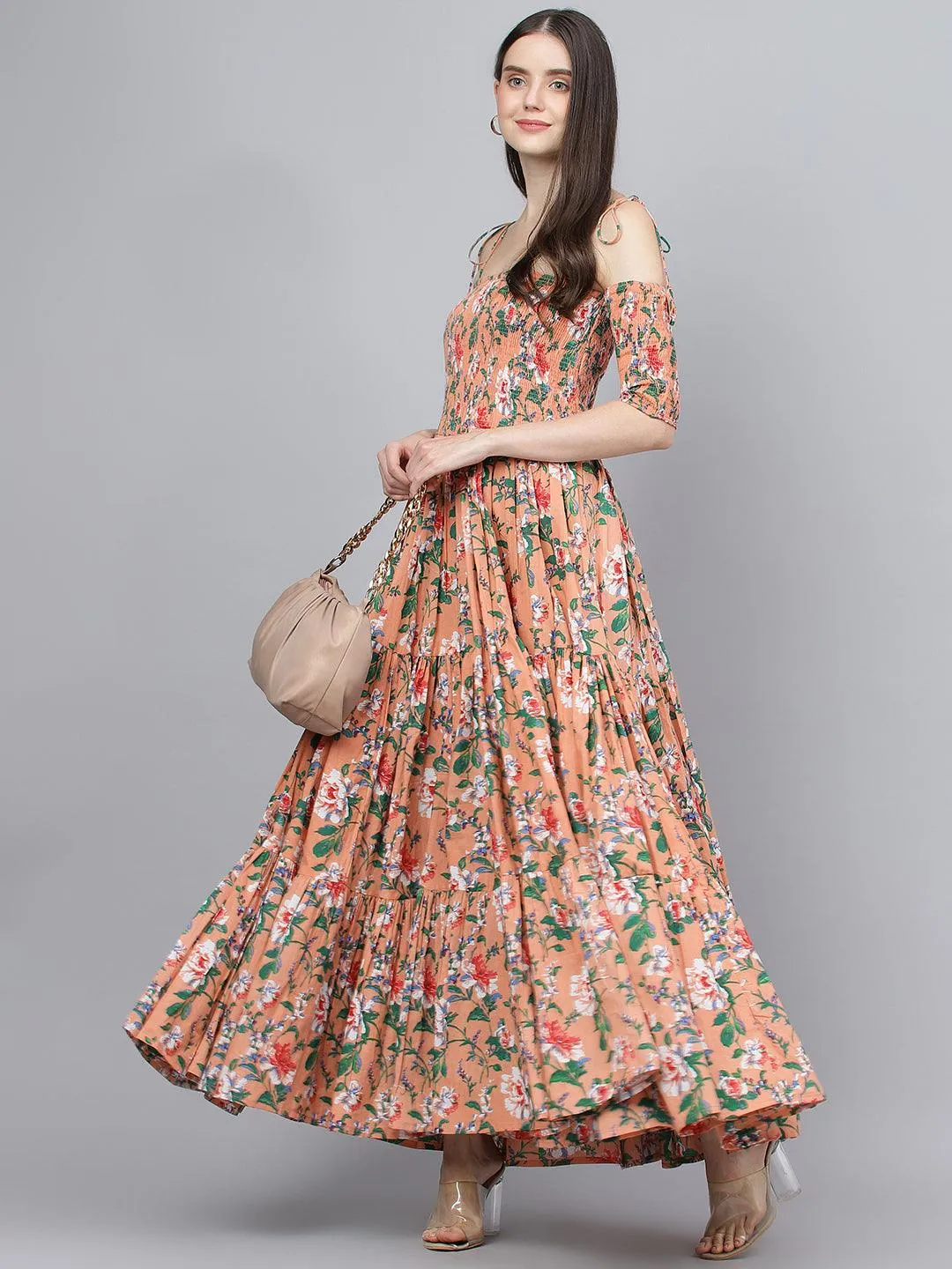 Jashvi Peach Floral Printed Shoulder Strips Flared Long Dress