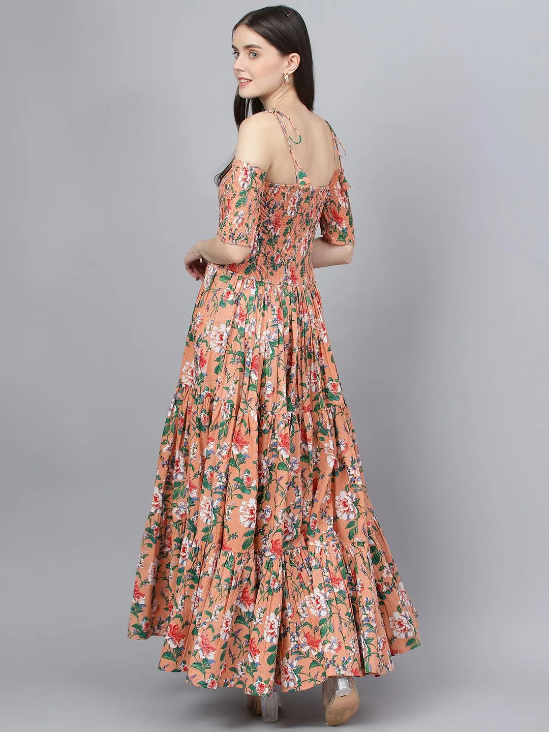 Jashvi Peach Floral Printed Shoulder Strips Flared Long Dress