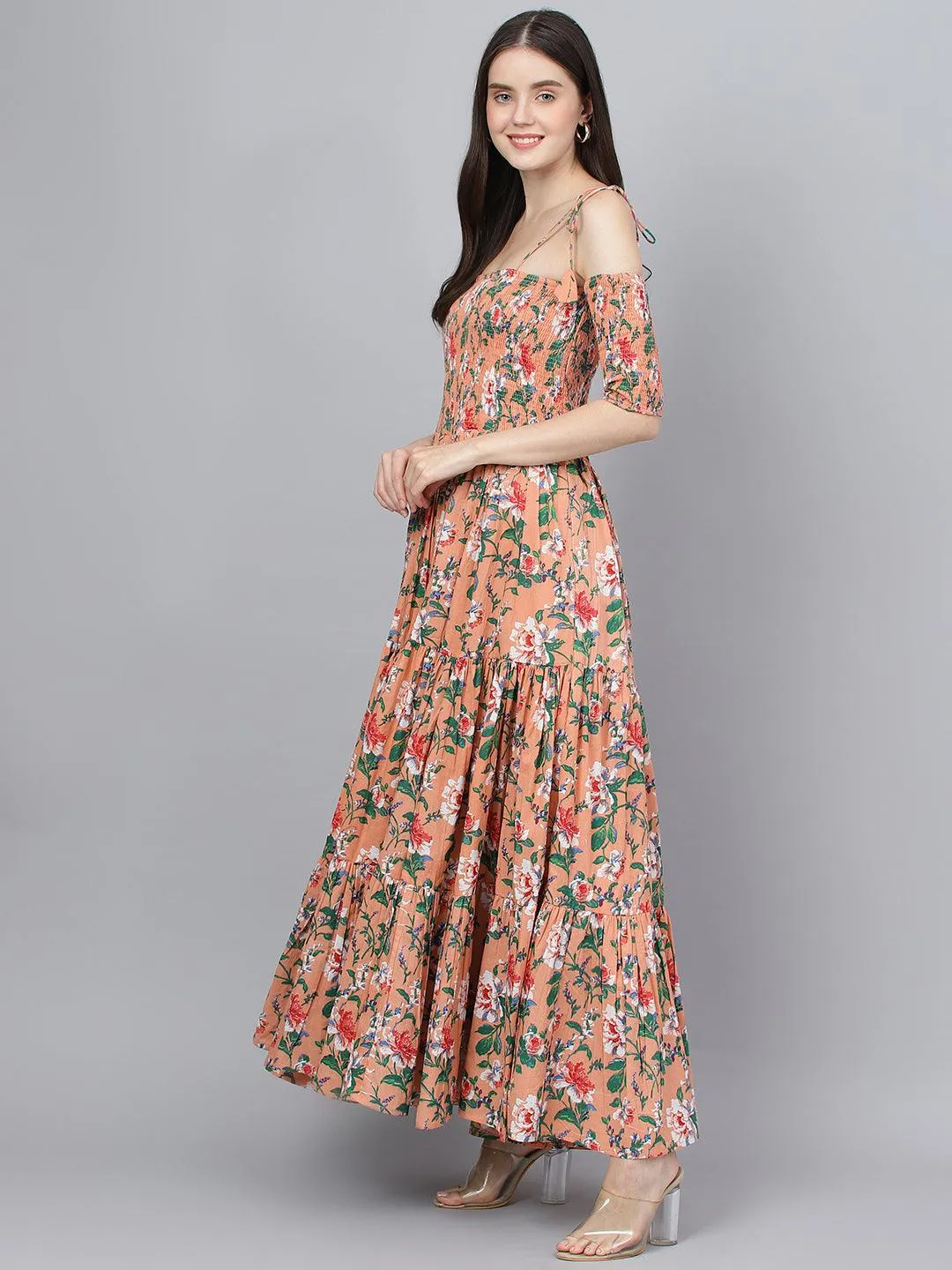 Jashvi Peach Floral Printed Shoulder Strips Flared Long Dress