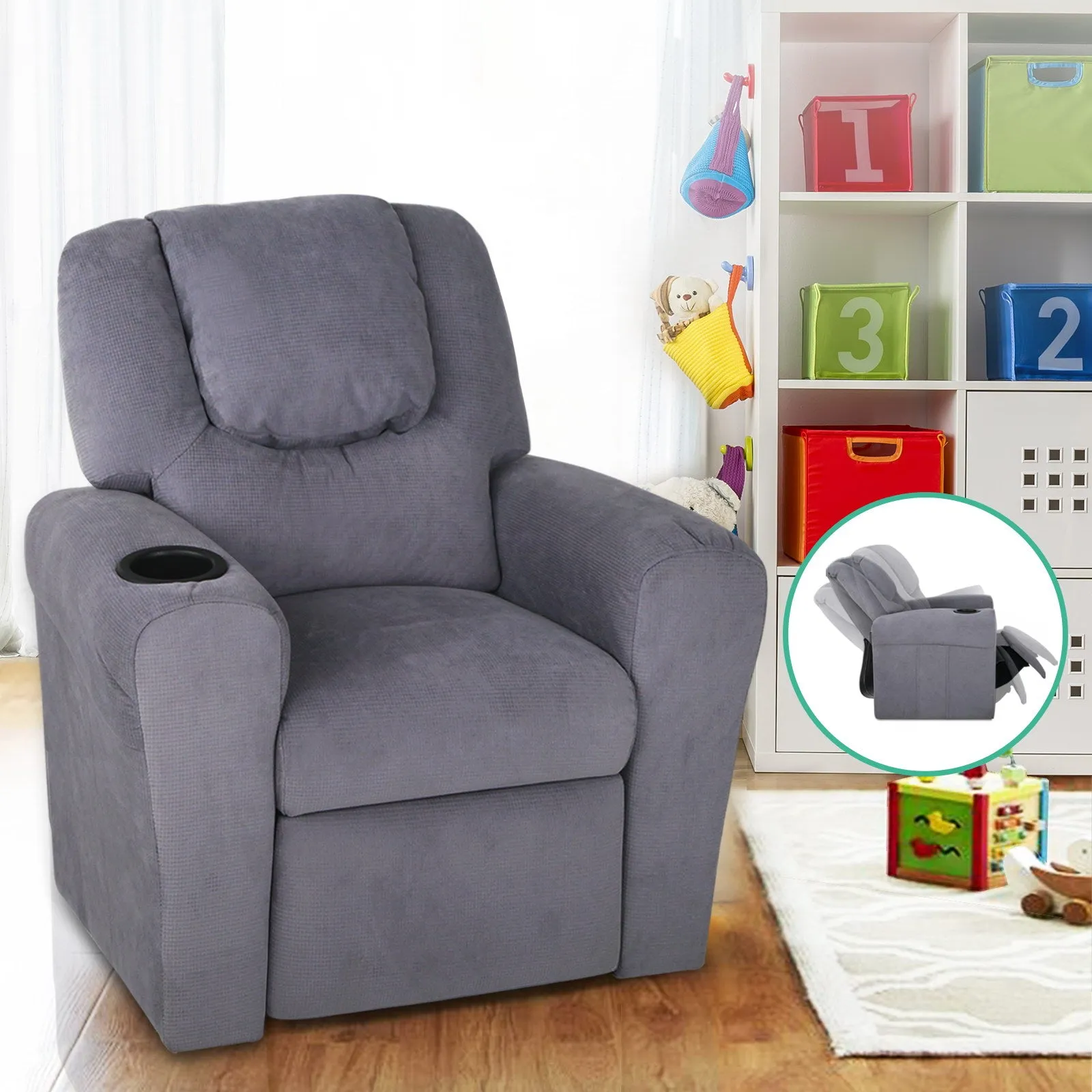 Kids Recliner Chair Grey Linen Soft Sofa Lounge Couch Children Armchair