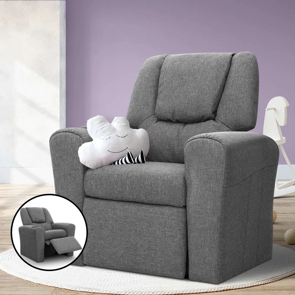 Kids Recliner Chair Grey Linen Soft Sofa Lounge Couch Children Armchair