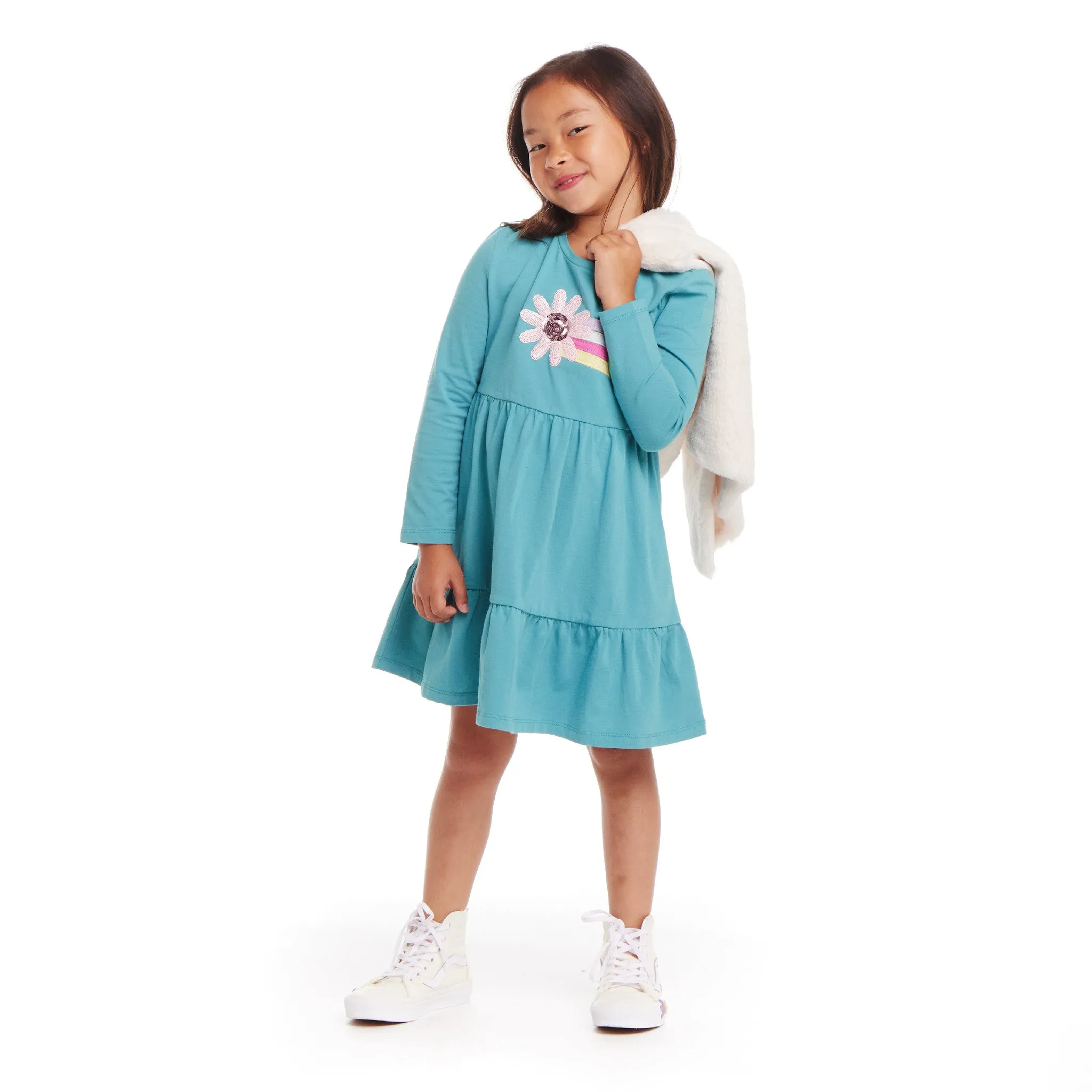 Kids Teal Jersey Dress & Faux Fur Vest Set | Rainbow Graphic