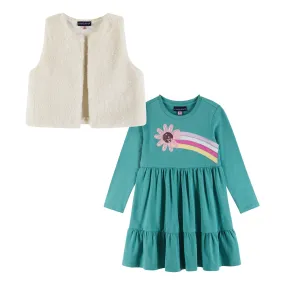 Kids Teal Jersey Dress & Faux Fur Vest Set | Rainbow Graphic