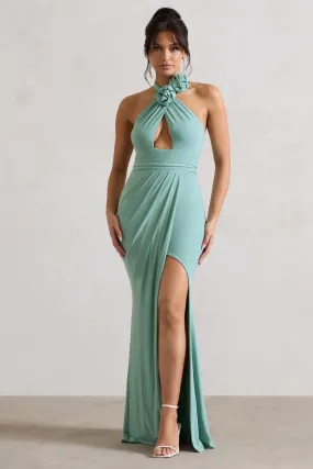 Kira | Sage Halter-Neck Cut-Out Split Maxi Dress With Flowers