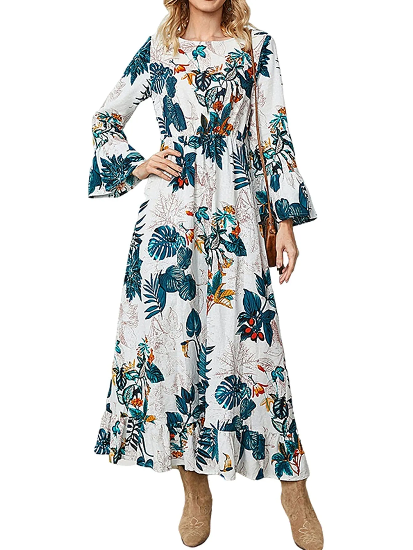 KittenAlarm - Boho Plants Printing High Waist Flare Sleeve Midi Dress