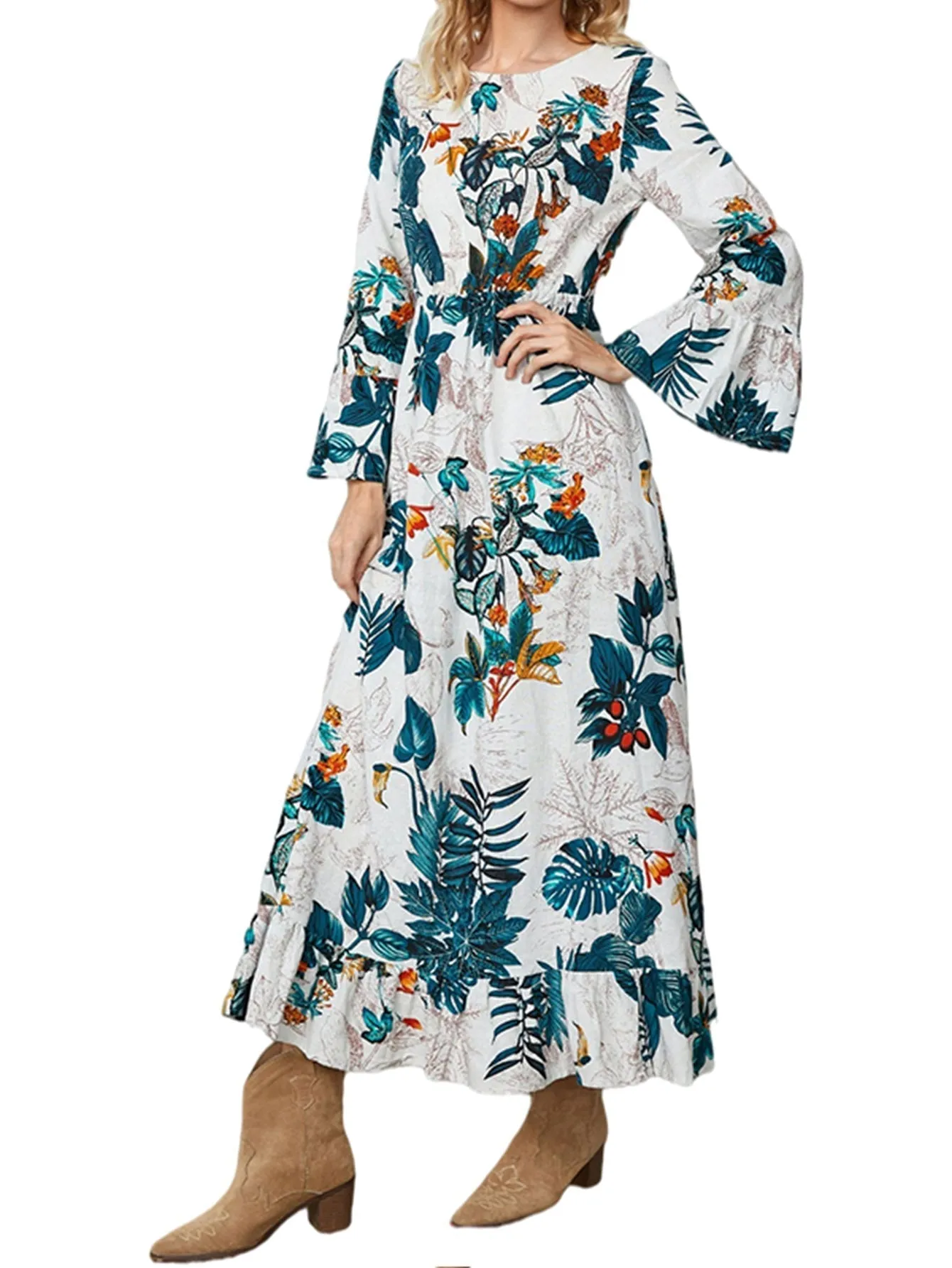 KittenAlarm - Boho Plants Printing High Waist Flare Sleeve Midi Dress