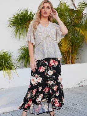 KittenAlarm - Plus size Elastic Waist Floral Skirt