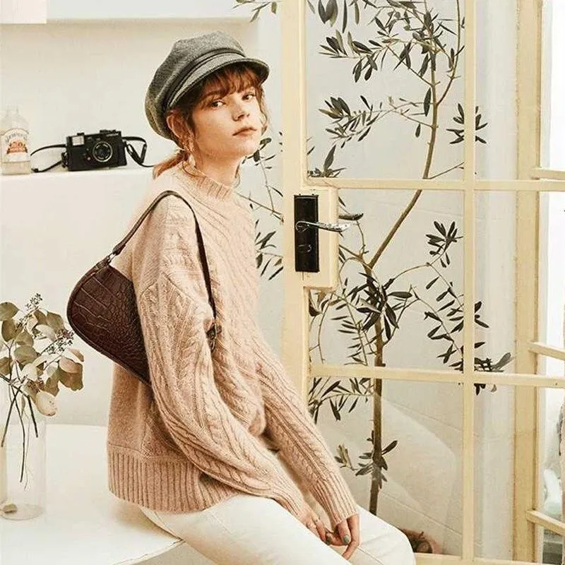 Knitted Sweater Women Long-Sleeves Pullover Loose Twist Thickening Ladies Top Solid Color Round Neck Pull Oversize Femme