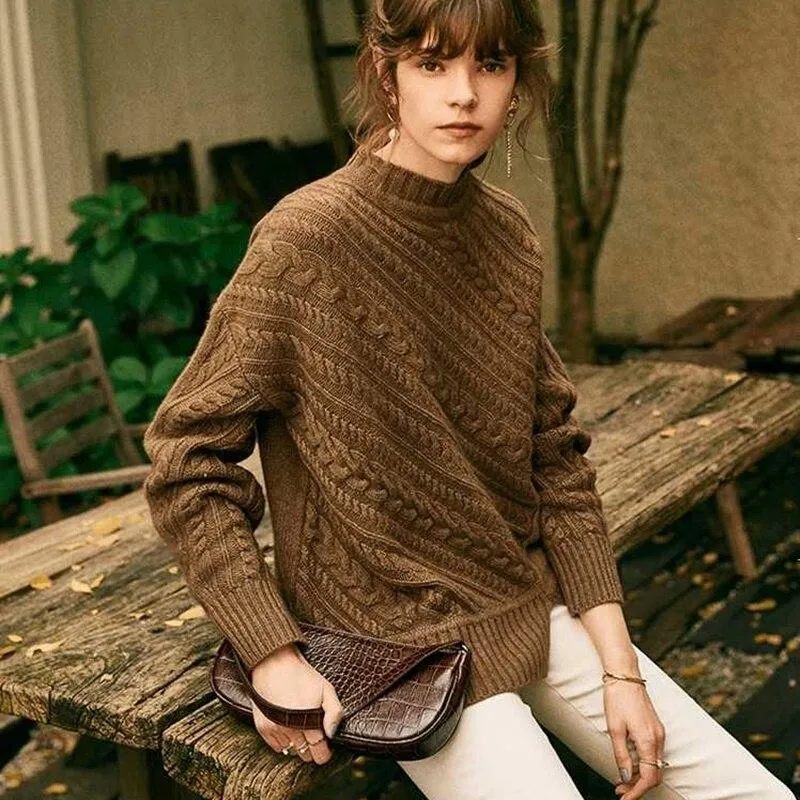 Knitted Sweater Women Long-Sleeves Pullover Loose Twist Thickening Ladies Top Solid Color Round Neck Pull Oversize Femme