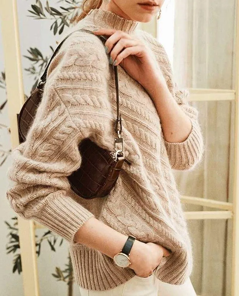 Knitted Sweater Women Long-Sleeves Pullover Loose Twist Thickening Ladies Top Solid Color Round Neck Pull Oversize Femme