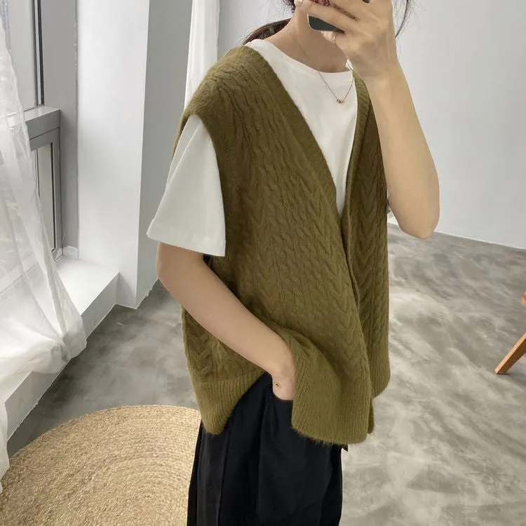 [Korean Style] Bojin V-neck Loose Fit Single breasted Knit Vest