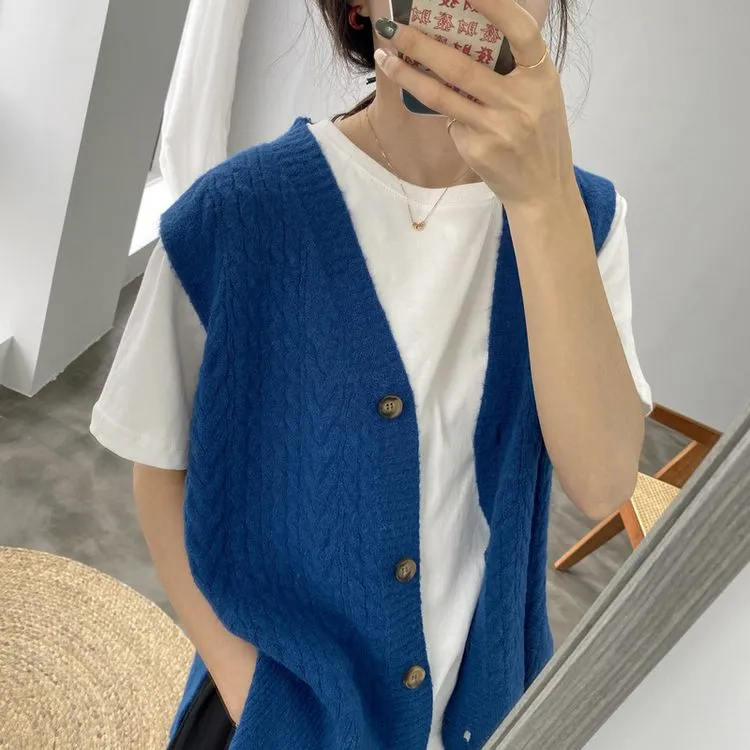 [Korean Style] Bojin V-neck Loose Fit Single breasted Knit Vest