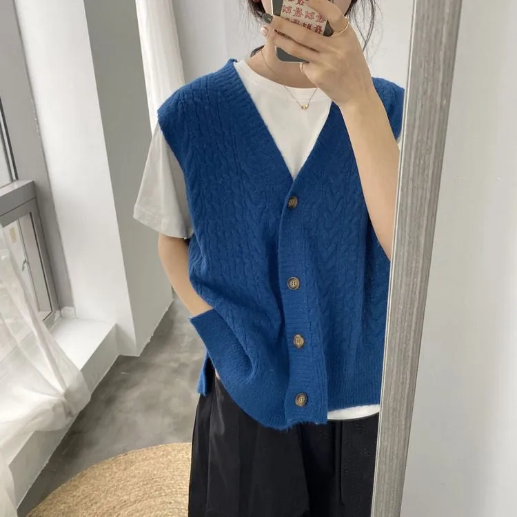 [Korean Style] Bojin V-neck Loose Fit Single breasted Knit Vest