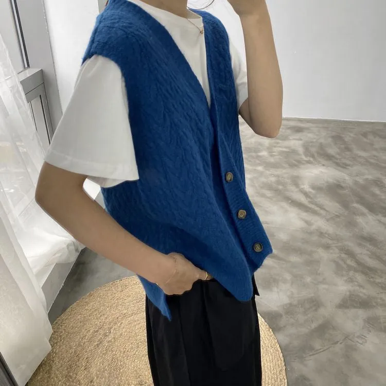 [Korean Style] Bojin V-neck Loose Fit Single breasted Knit Vest