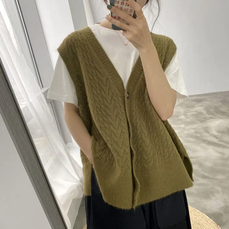 [Korean Style] Bojin V-neck Loose Fit Single breasted Knit Vest