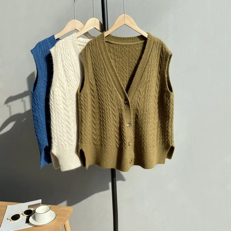 [Korean Style] Bojin V-neck Loose Fit Single breasted Knit Vest