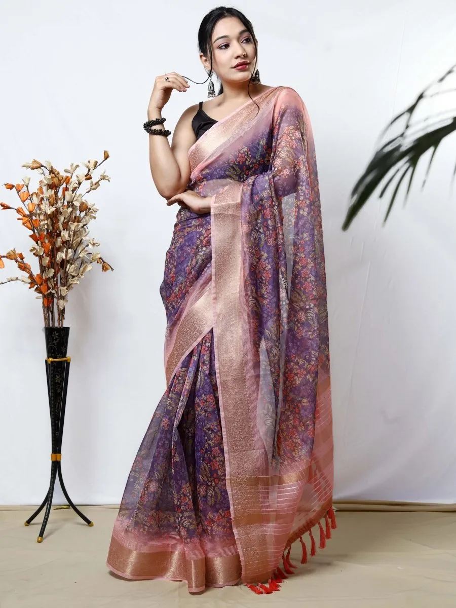 Lavender Saree in Organza Kalamkari Printed with Sequins Jacquard Woven