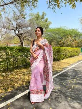 Lavender Saree in Organza Lucknowi Chikankari Multicolor Viscose Work