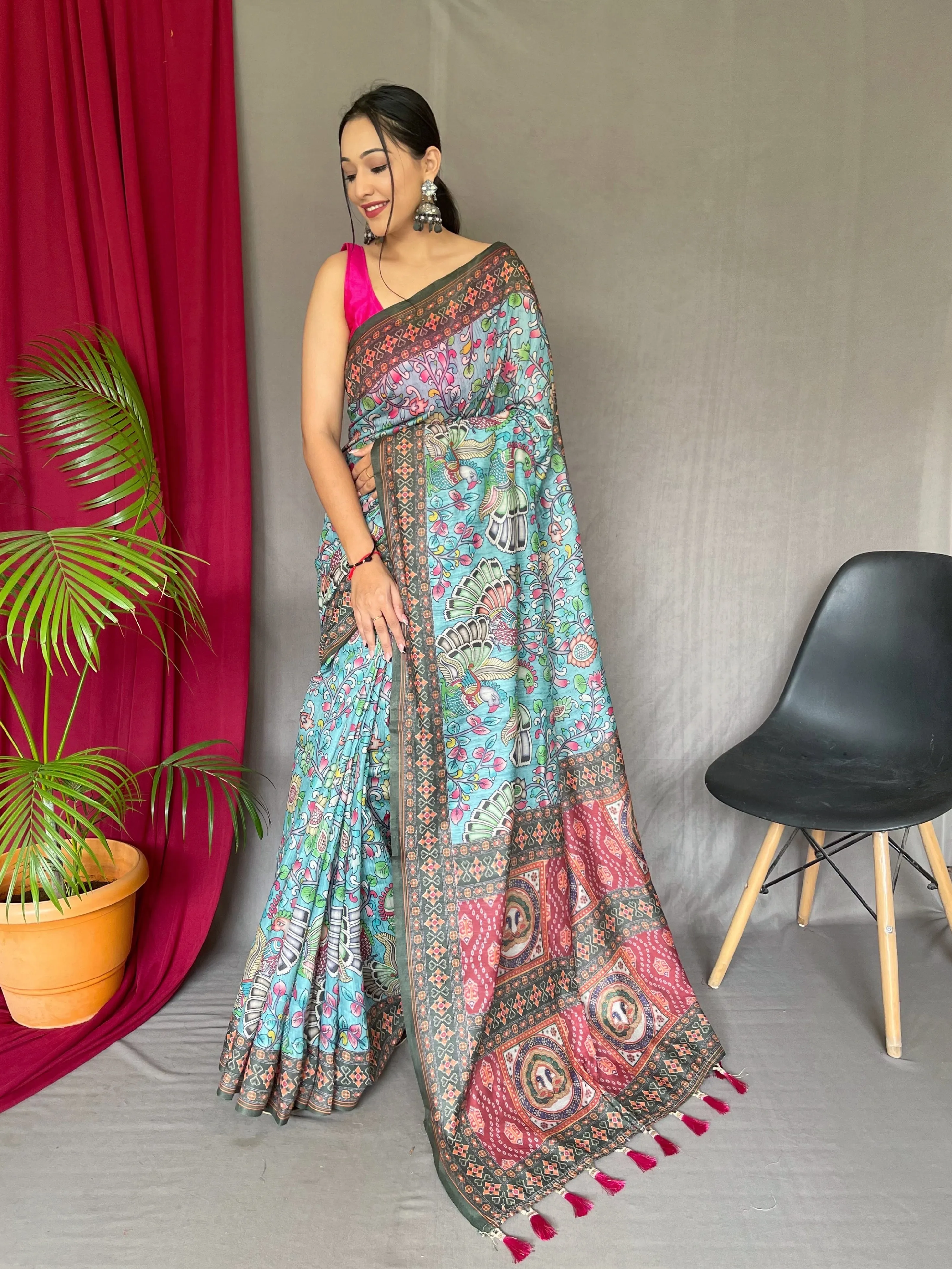 Light Blue Saree in Cotton Bandhani Kalamkari Print