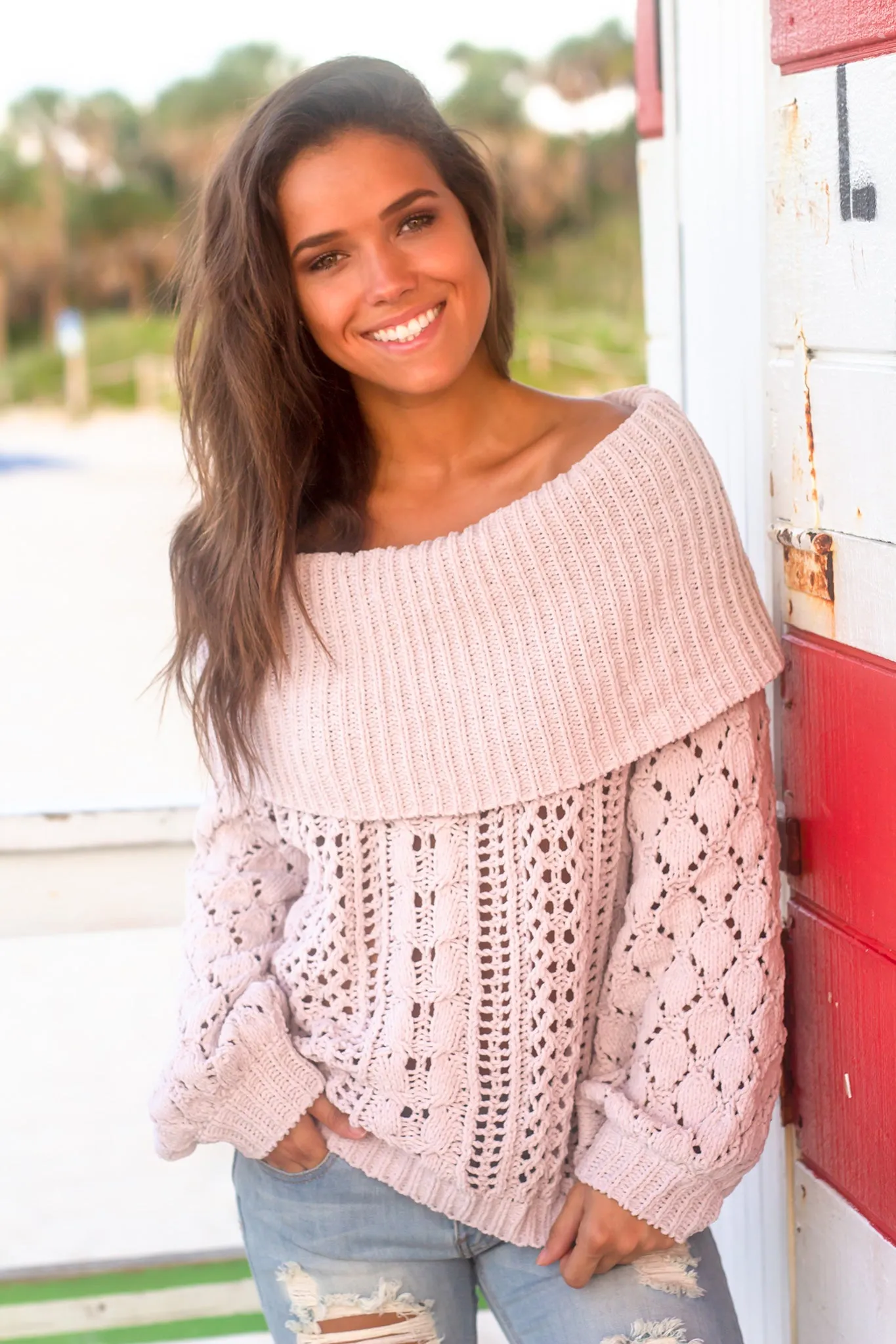 Light Mauve Off Shoulder Knit Sweater