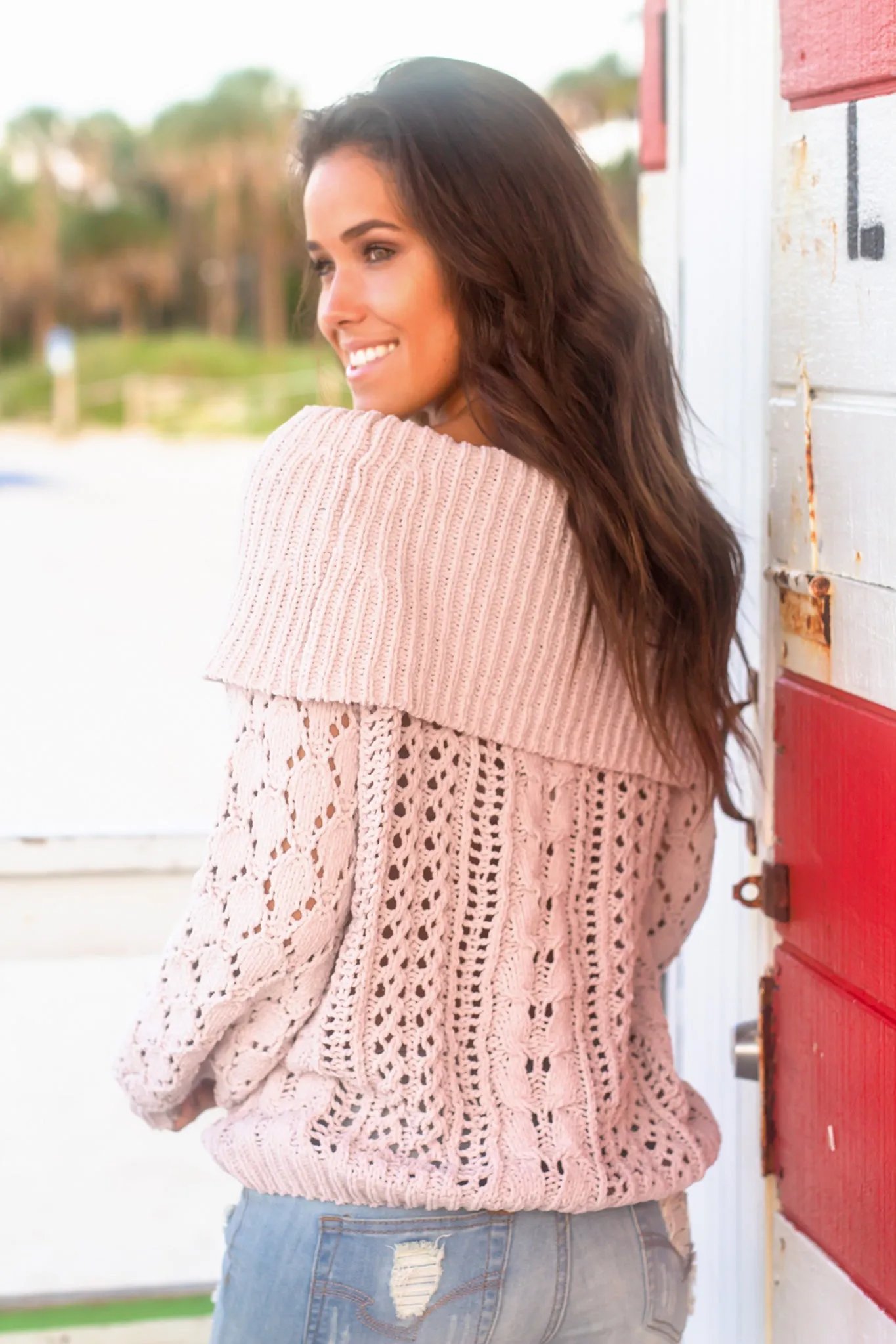 Light Mauve Off Shoulder Knit Sweater