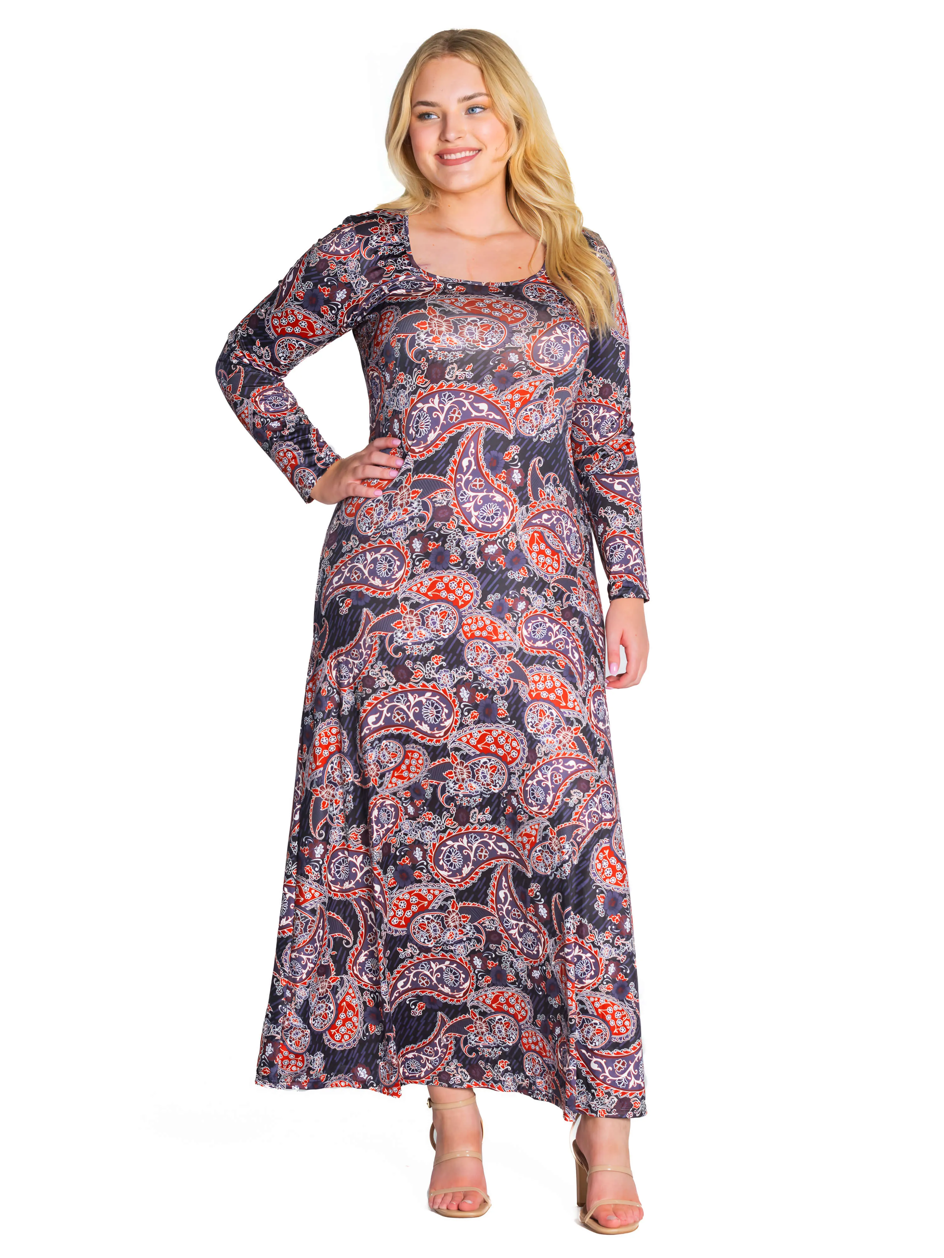 Long Sleeve Black Paisley A Line Plus Size Maxi Dress