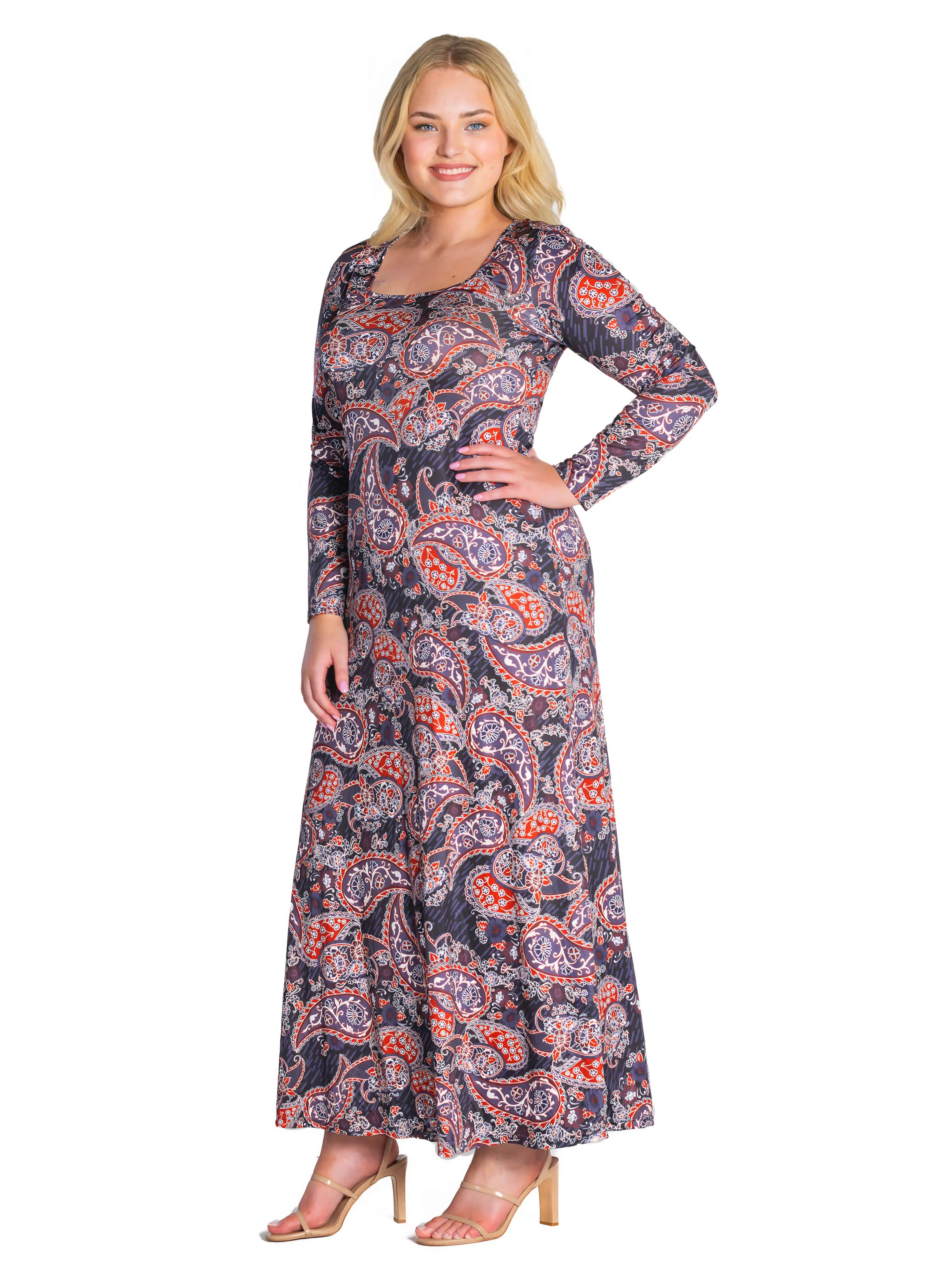 Long Sleeve Black Paisley A Line Plus Size Maxi Dress