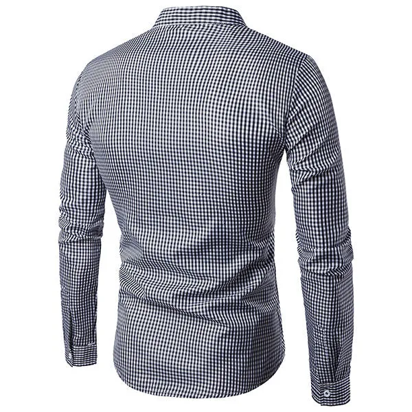 Long Sleeve Cotton Designer Shirt for Men Pin Checked Stand Collar Casual Business