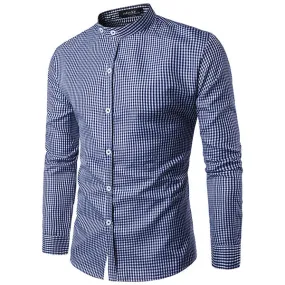 Long Sleeve Cotton Designer Shirt for Men Pin Checked Stand Collar Casual Business