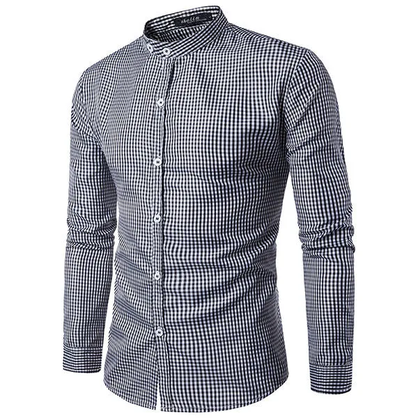 Long Sleeve Cotton Designer Shirt for Men Pin Checked Stand Collar Casual Business