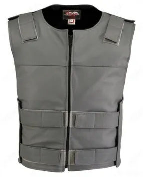 Made in USA Leather Bullet Proof Style Zippered Motorcycle Vest Grey