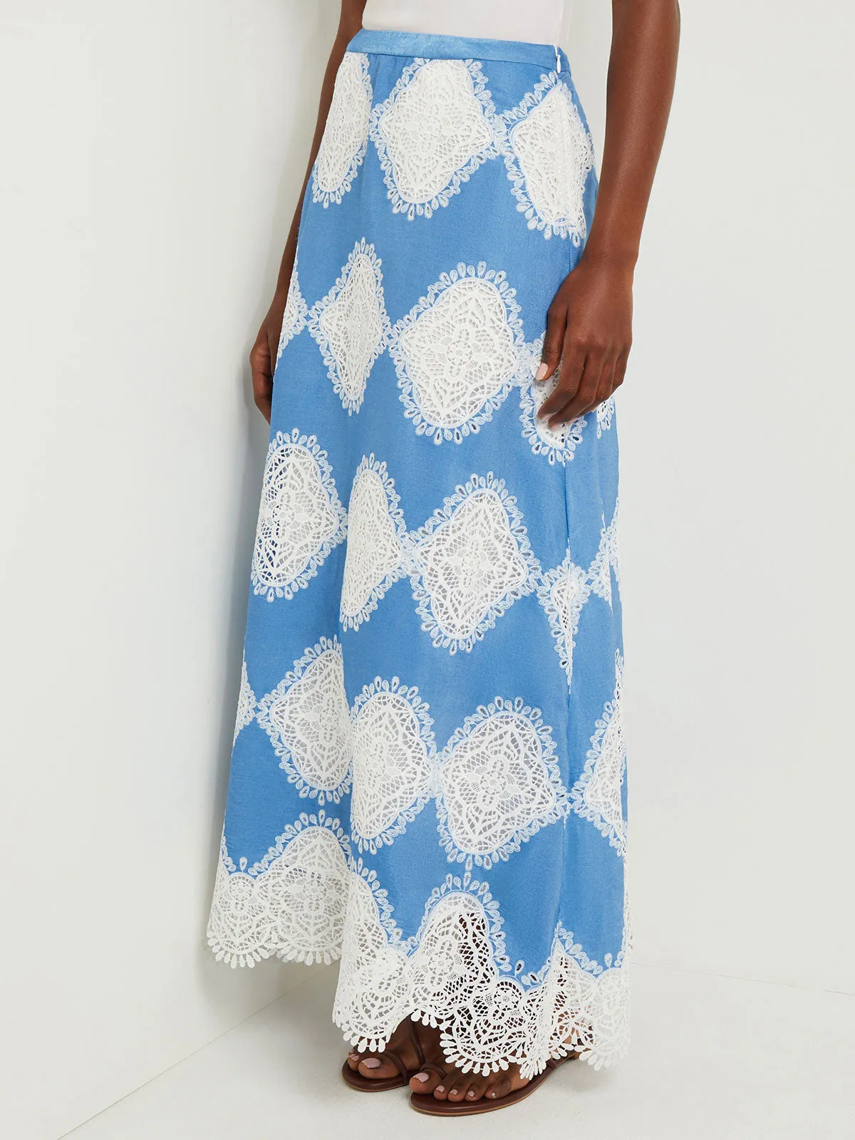 Maxi A-Line Skirt - Lace Inset Novelty Woven