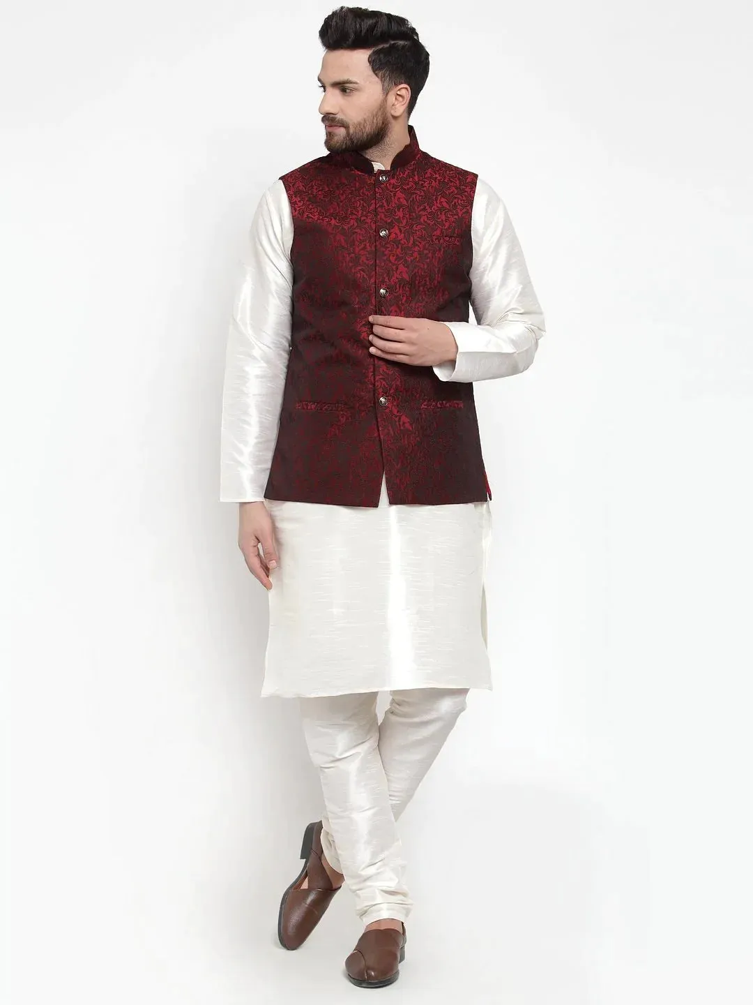 Men Maroon-Coloured & Black Woven Design Nehru Jacket