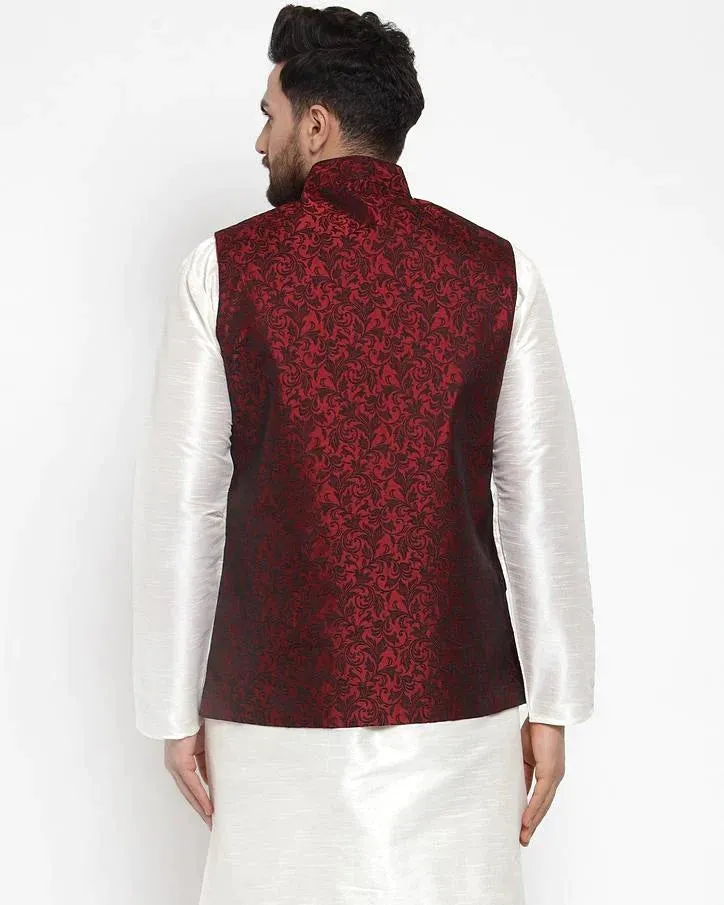 Men Maroon-Coloured & Black Woven Design Nehru Jacket