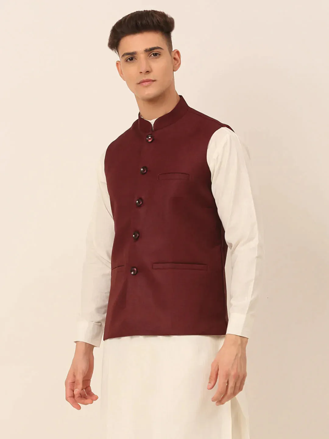 Men Maroon Solid Woven Sleeveless Nehru Jackets