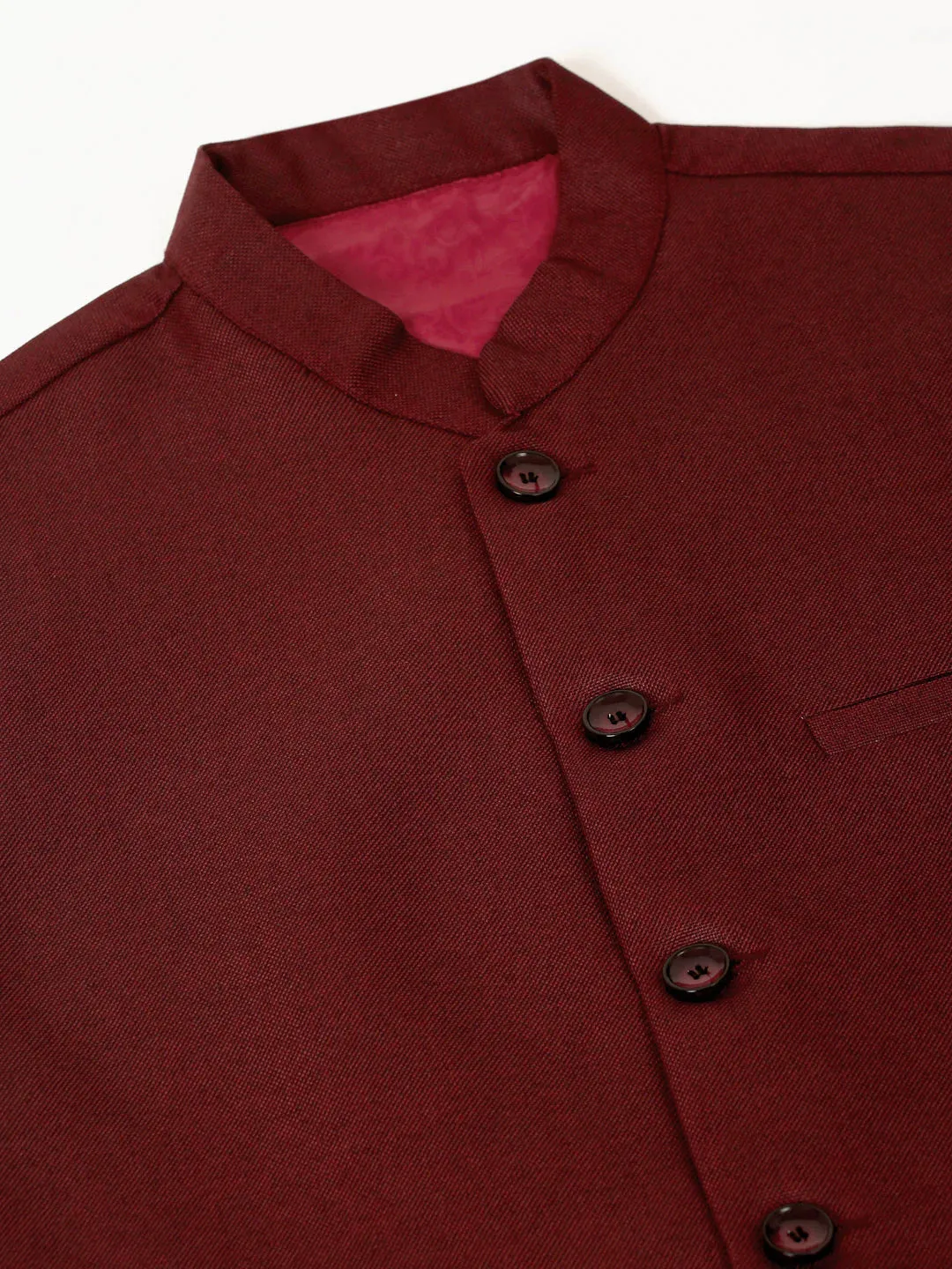 Men Maroon Solid Woven Sleeveless Nehru Jackets