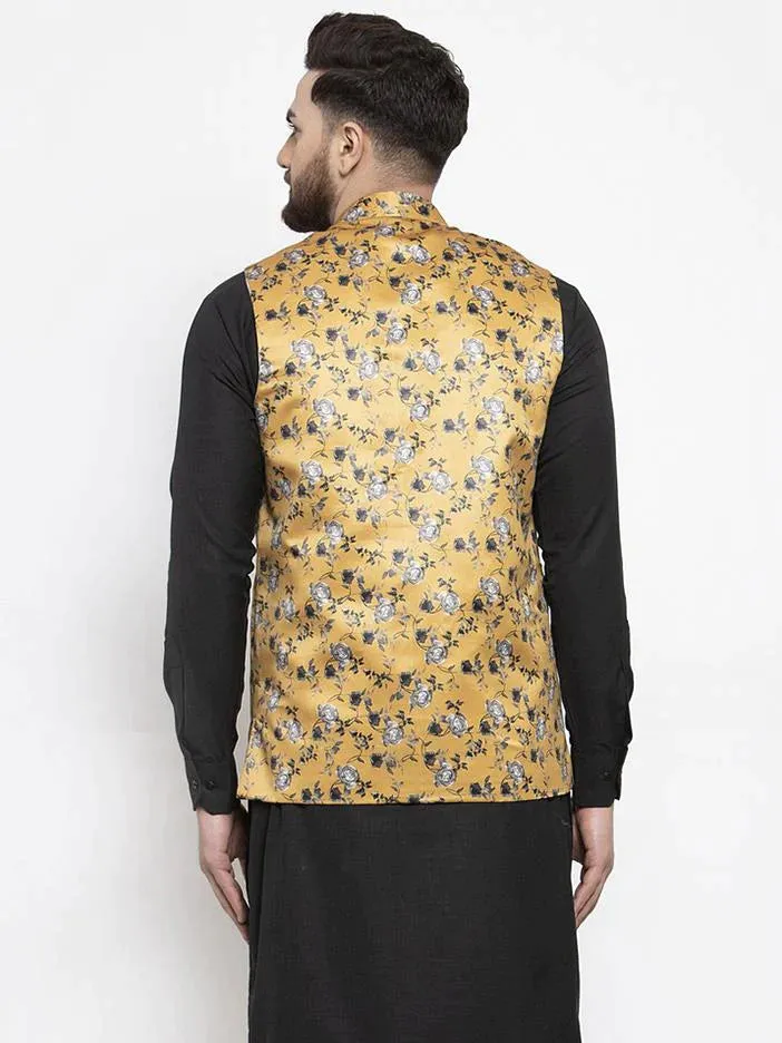 Men Mustard Printed Satin Nehru Jacket