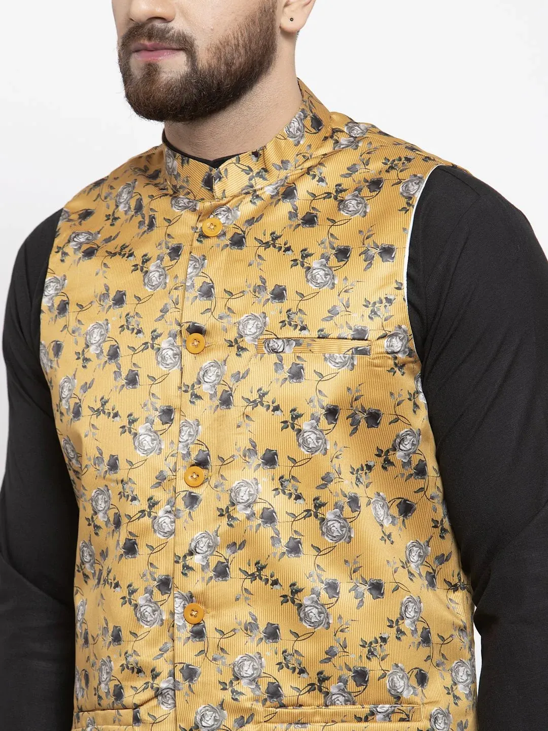 Men Mustard Printed Satin Nehru Jacket