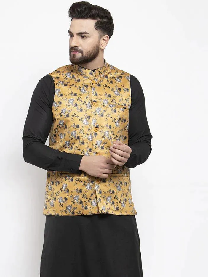 Men Mustard Printed Satin Nehru Jacket