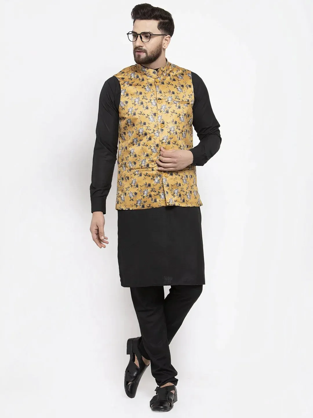 Men Mustard Printed Satin Nehru Jacket