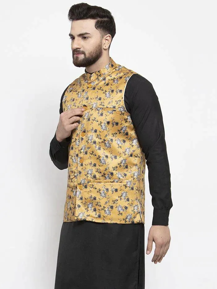 Men Mustard Printed Satin Nehru Jacket