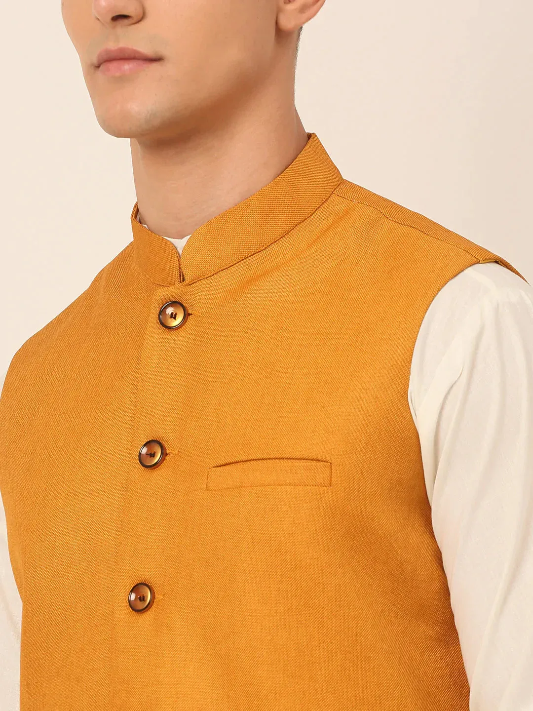 Men Mustard Solid Woven Sleeveless Nehru Jackets