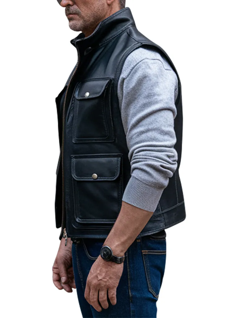 Men's Black Leather Utility Vest With Multiple Pockets