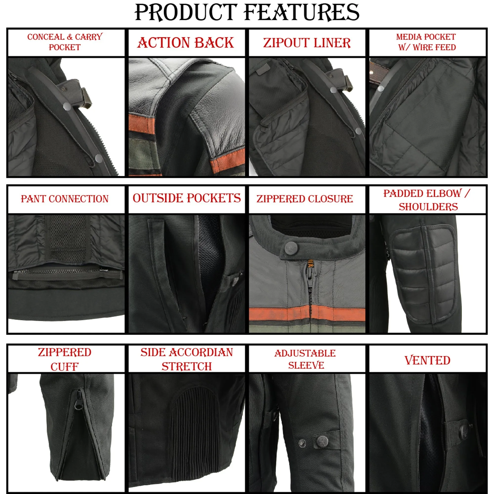 Mens Combo Leather & Textile Armored Racing Stripe Jacket