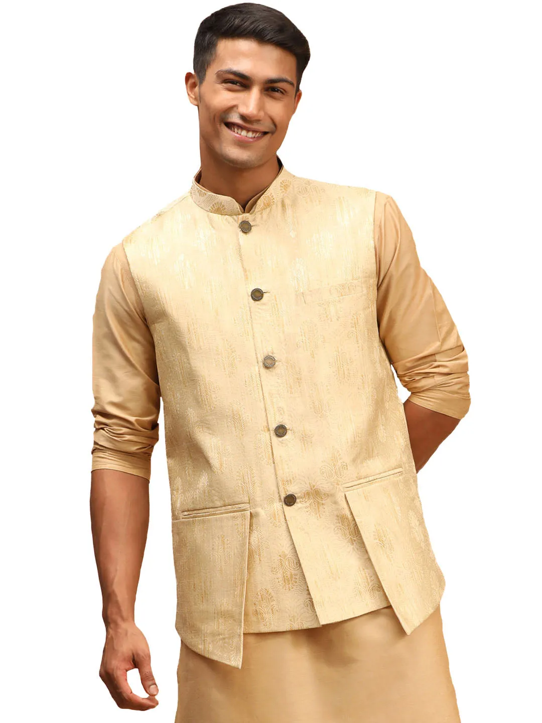 Men's Gold Silk Blend Nehru Jacket - Shrestha By Vastramay