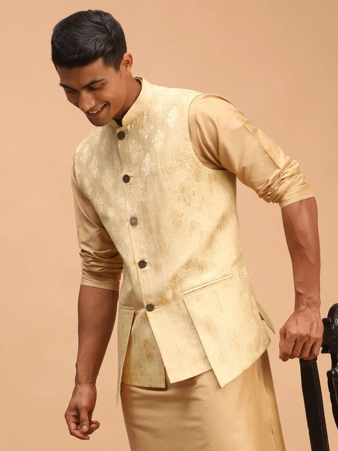 Men's Gold Silk Blend Nehru Jacket - Shrestha By Vastramay