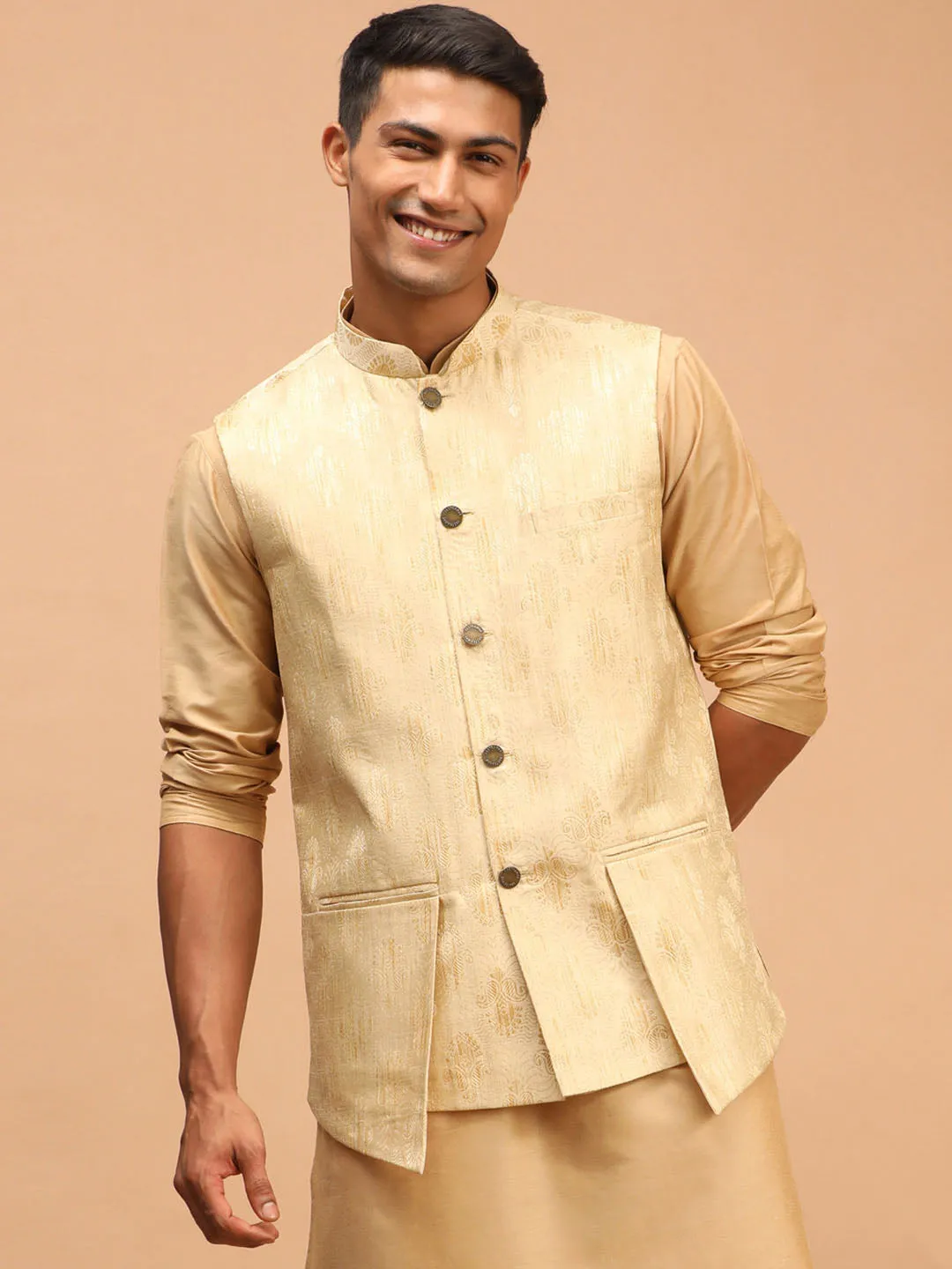 Men's Gold Silk Blend Nehru Jacket - Shrestha By Vastramay