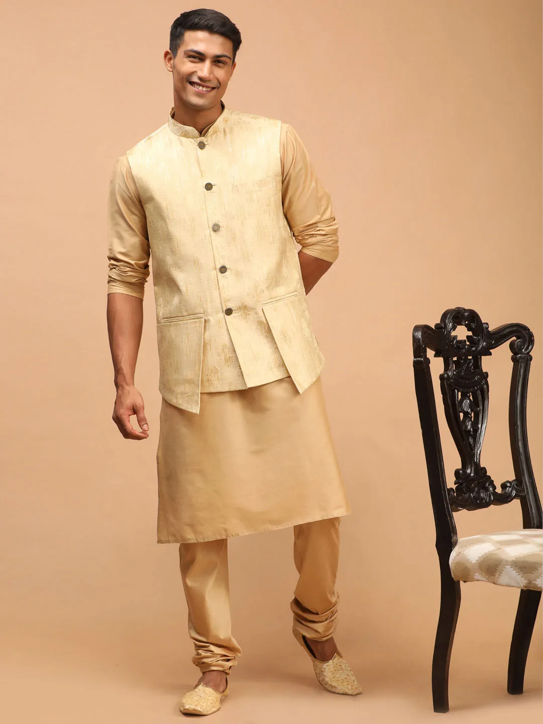 Men's Gold Silk Blend Nehru Jacket - Shrestha By Vastramay